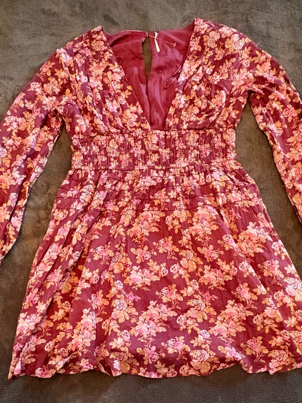 Free People Women’s Burgundy Floral Long-Sleeve Smocked Dress